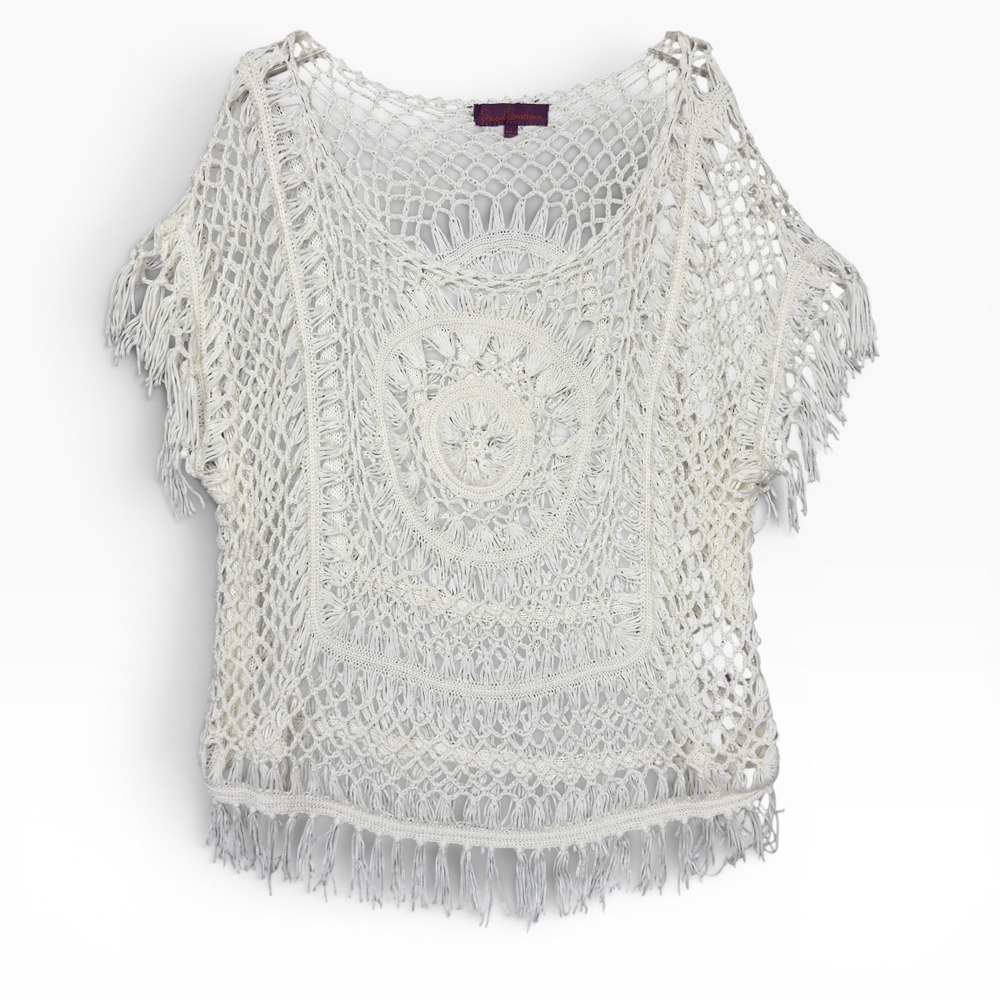 Crochet Macrame Poncho Top Cover Up Large Cream Fringe Boho Hippie Open Knit - Picture 1 of 9